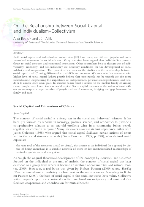 (PDF) On the Relationship between Social Capital and Individualismâ ...
