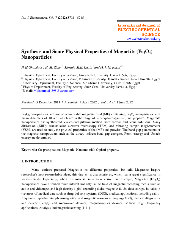 (PDF) Synthesis and Some Physical Properties of Magnetite (Fe 3 O 4 ...