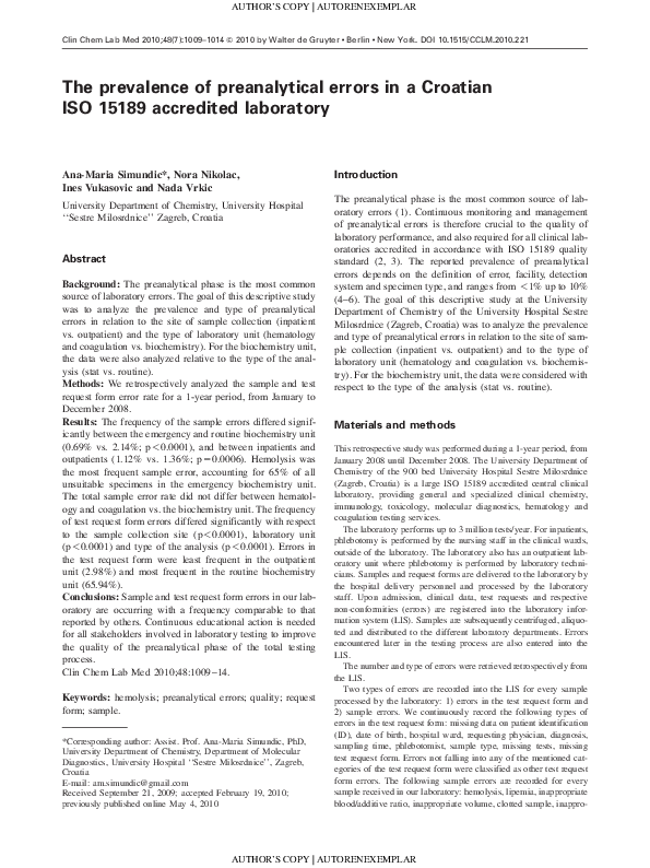 (PDF) The prevalence of preanalytical errors in a Croatian ISO 15189 ...