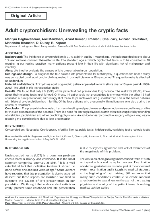 (PDF) Adult cryptorchidism: Unrevealing the cryptic facts