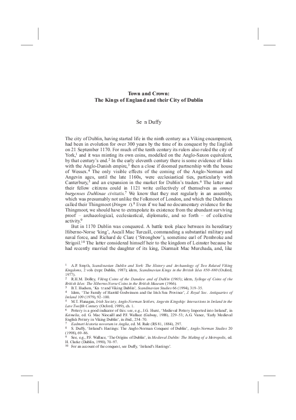 'Town and crown: the kings of England and their city of Dublin', in Michael Prestwich, Richard Britnell, and Robin Frame (eds), Thirteenth Century England X. Proceedings of the Durham Conference 2003 (Woodbridge,  2005), pp 95-117