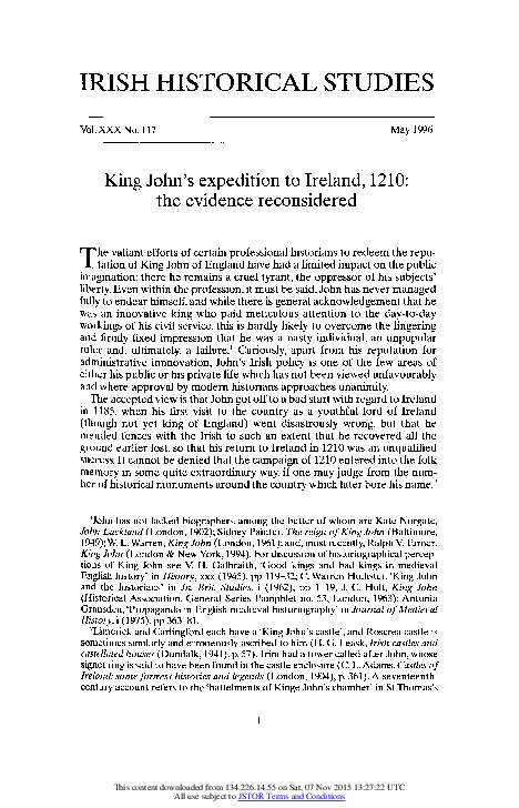 'King John's expedition to Ireland, AD 1210: the evidence reconsidered', Irish Historical Studies, 40 (1996), 1-24
