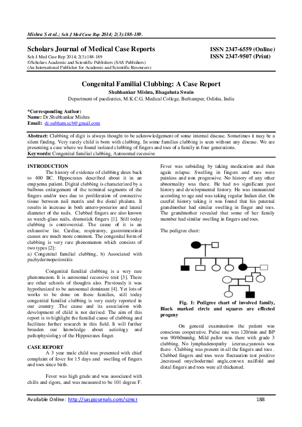 Pdf Scholars Journal Of Medical Case Reports Issn 2347 9507 Print Congenital Familial Clubbing A Case Report Shubhankar Mishra Academia Edu