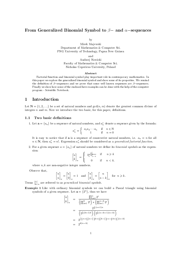 (PDF) From Generalized Binomial Symbol to β β - and α α -sequences