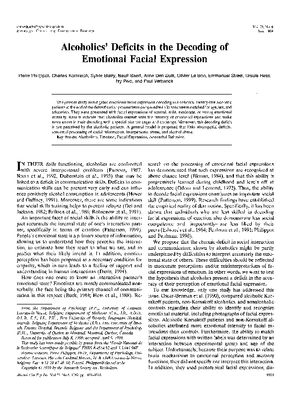 (PDF) Alcoholics?? Deficits in the Decoding of Emotional Facial Expression
