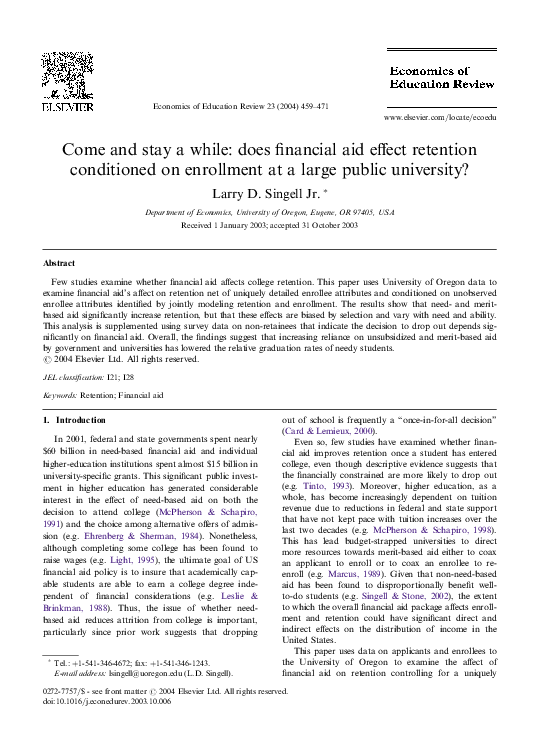 Pdf Come And Stay A While Does Financial Aid Effect Retention