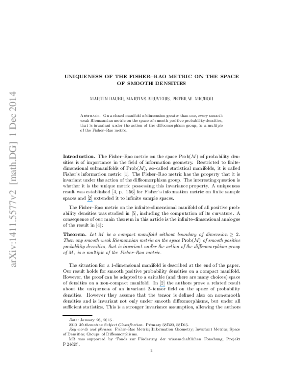 (PDF) Uniqueness of the Fisher-Rao metric on the space of smooth densities