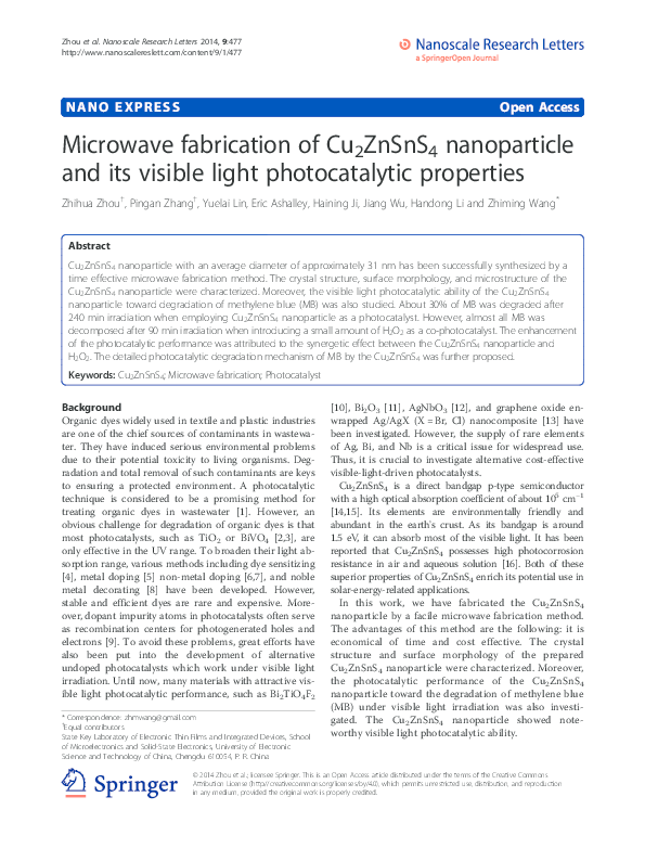 (PDF) Microwave fabrication of Cu2ZnSnS4 nanoparticle and its visible ...