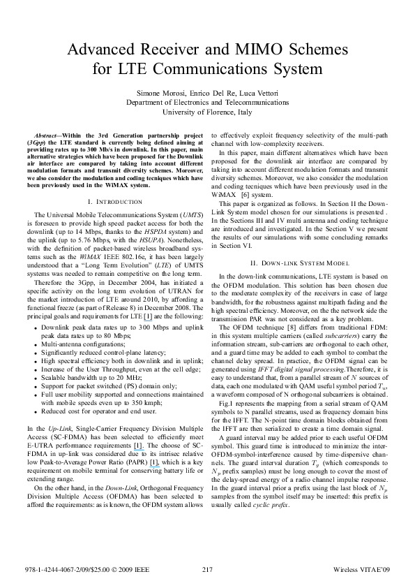 (PDF) Advanced receiver and MIMO schemes for LTE communications system