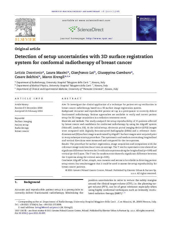 (PDF) Detection of setup uncertainties with 3D surface registration ...