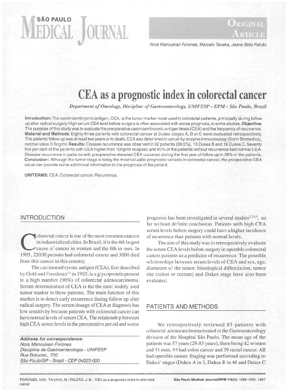 (PDF) CEA as a prognostic index in colorectal cancer