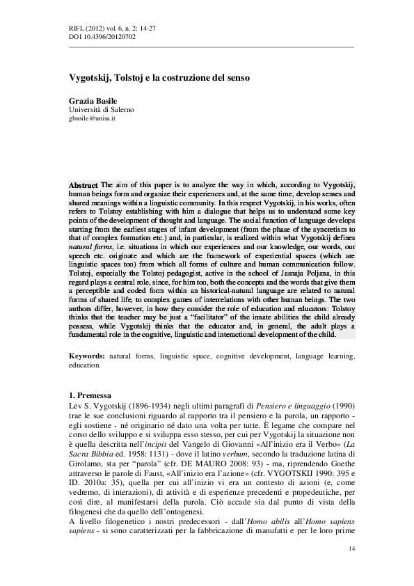 (PDF) Vygotskij, Tolstoj e la costruzione del senso GRAZIA BASILE