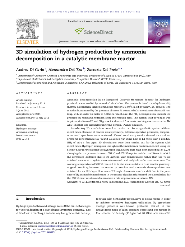 (PDF) 3D simulation of hydrogen production by ammonia decomposition in ...