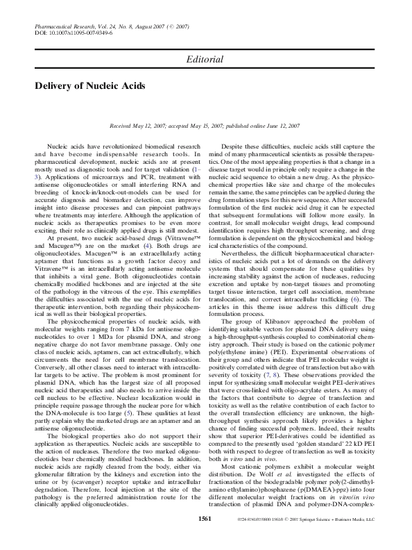 (PDF) Delivery of Nucleic Acids Raymond Schiffelers Academia.edu