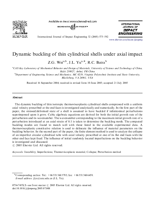 (PDF) Dynamic buckling of thin cylindrical shells under axial impact