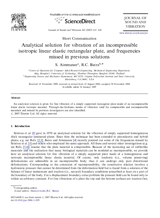 (PDF) Analytical solution for vibration of an incompressible isotropic ...