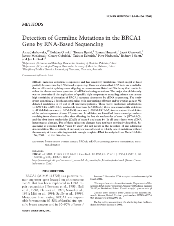 (PDF) Detection of germline mutations in the BRCA1 gene by RNA-based ...