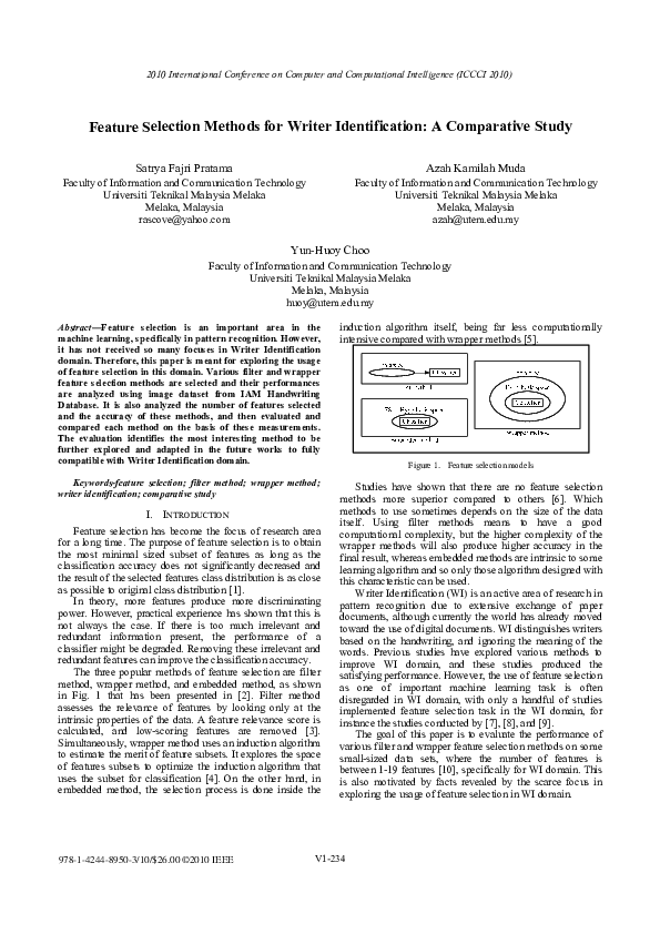 (PDF) Feature Selection Methods for Writer Identification: A ...
