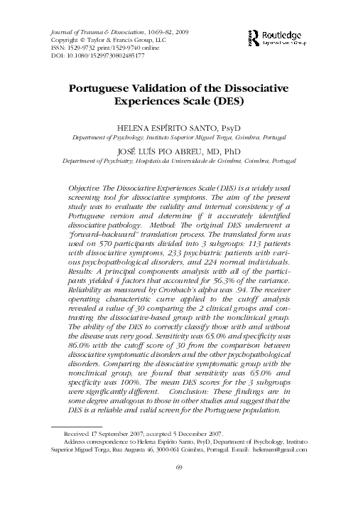 (PDF) Portuguese Validation of the Dissociative Experiences Scale (DES