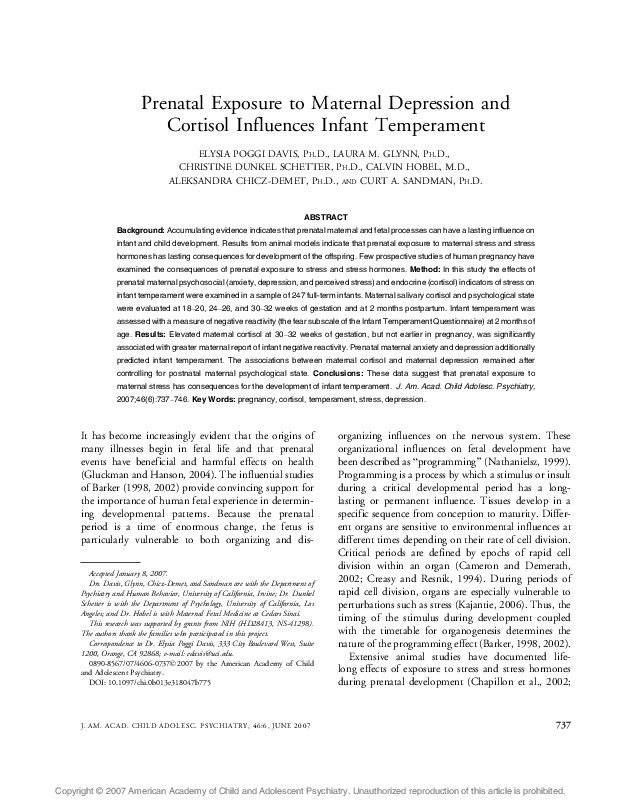 (PDF) Prenatal Exposure to Maternal Depression and Cortisol Influences ...
