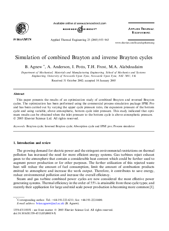 (PDF) Simulation of combined Brayton and inverse Brayton cycles M