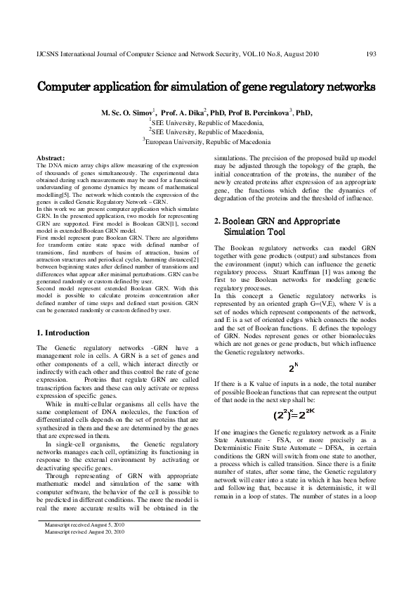 (PDF) Computer application for simulation of gene regulatory networks
