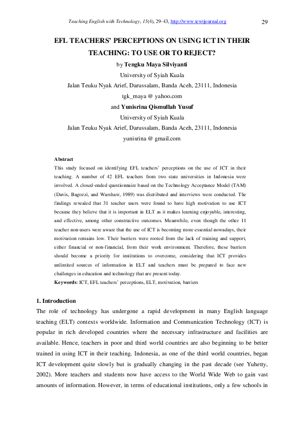 (PDF) EFL teachers' perceptions on using ICT in their teaching: to use ...