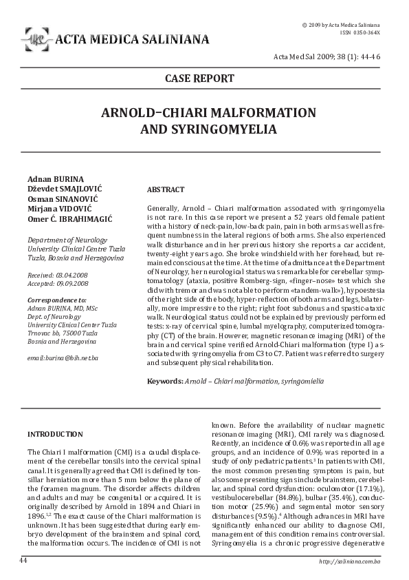 (PDF) ARNOLD – CHIARI MALFORMATION AND SYRINGOMYELIA
