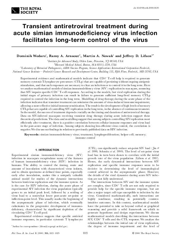 (PDF) Transient antiretroviral treatment during acute simian ...