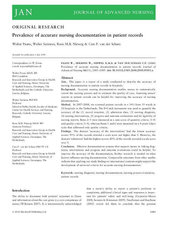 (PDF) Prevalence of accurate nursing documentation in patient records
