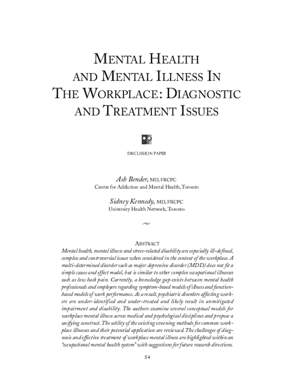 (PDF) Mental health and mental illness in the workplace: diagnostic and ...