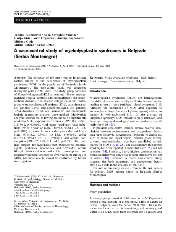 (PDF) A case-control study of myelodysplastic syndromes in Belgrade ...