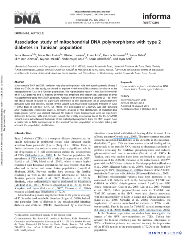 (PDF) Association study of mitochondrial DNA polymorphisms with type 2 ...
