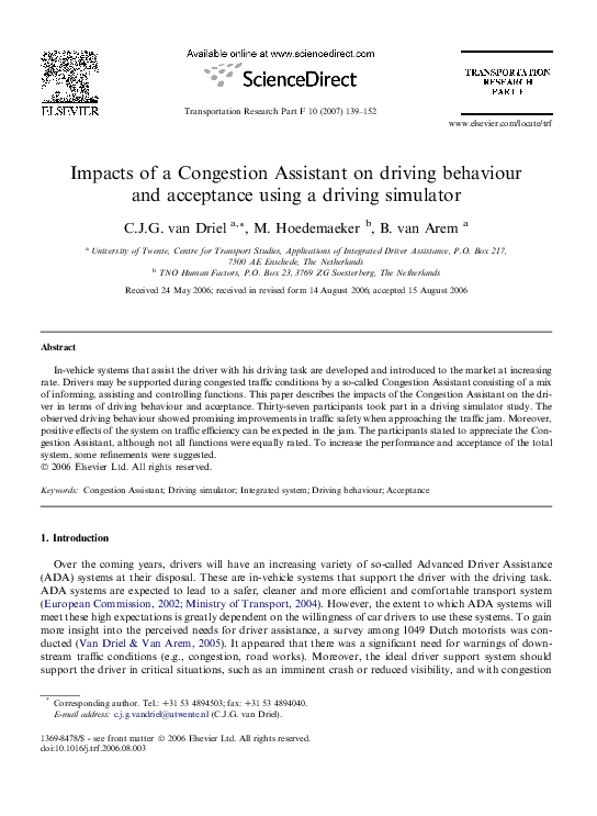 (PDF) Impacts of a Congestion Assistant on driving behaviour and ...
