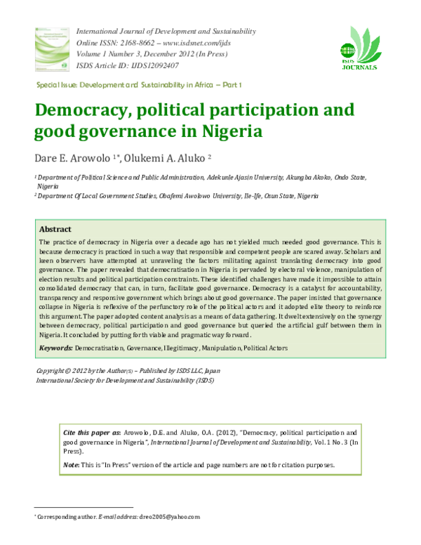 (PDF) The crisis of democracy and good governance in Nigeria