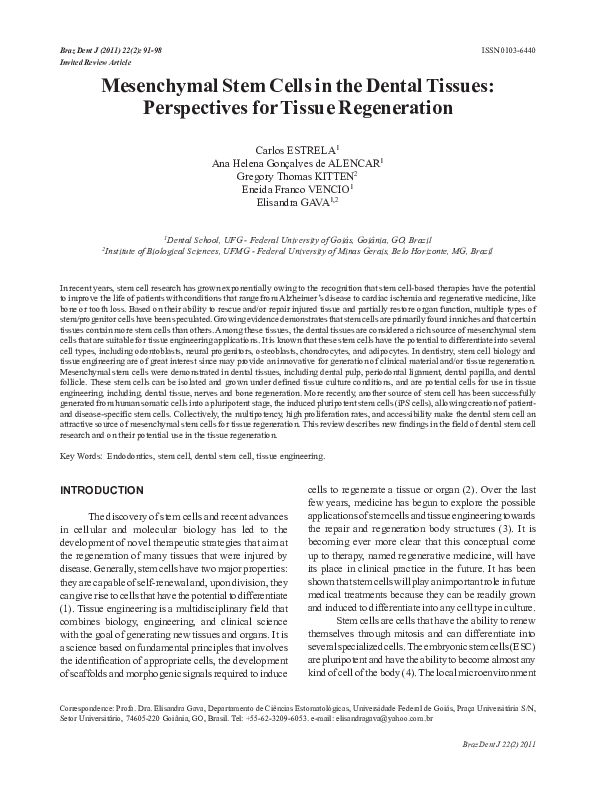 (PDF) Mesenchymal stem cells in the dental tissues: perspectives for ...