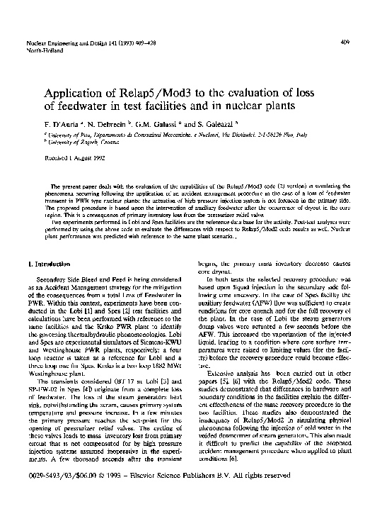 (PDF) Application of Relap5/Mod3 to the evaluation of loss of feedwater ...