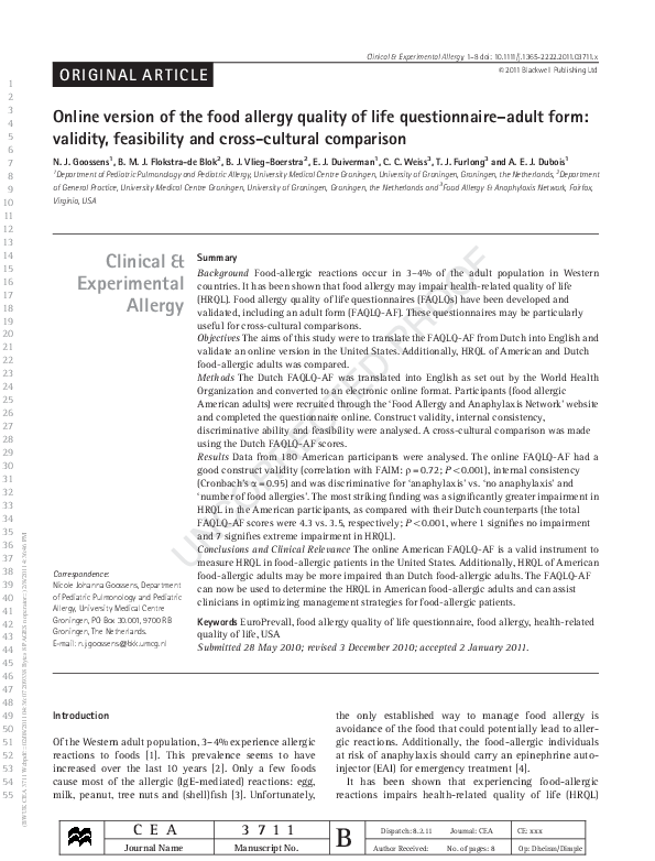 (PDF) Online version of the food allergy quality of life questionnaire