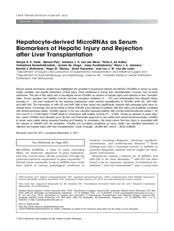 (PDF) Hepatocyte-derived microRNAs as serum biomarkers of hepatic ...
