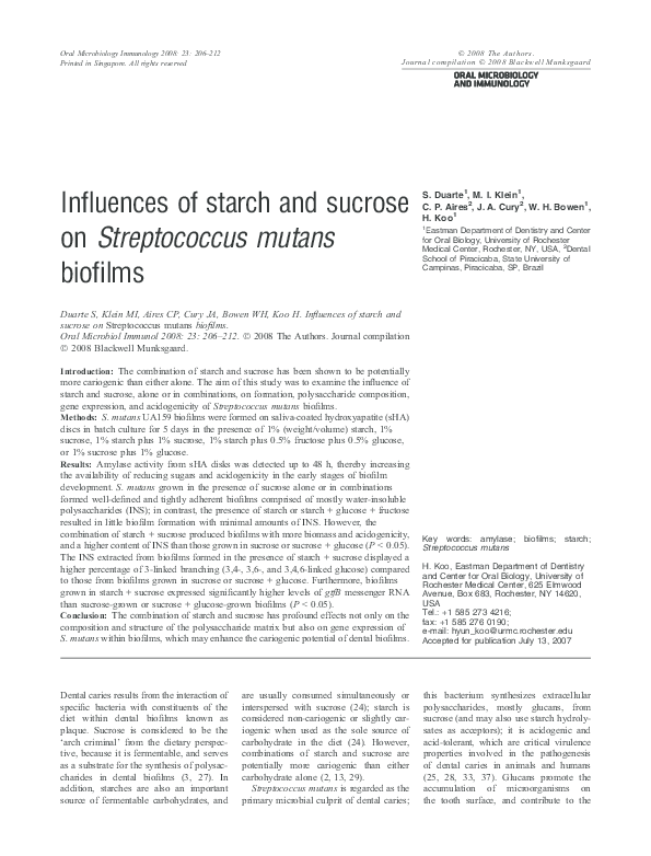 (PDF) Influences of starch and sucrose on Streptococcus mutans biofilms