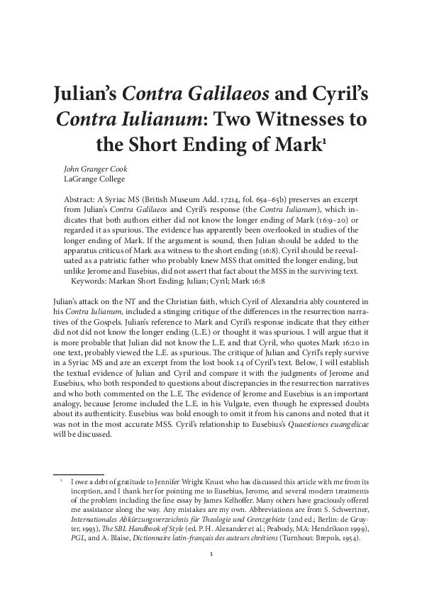 First page of “Julian’s Contra Galilaeos and Cyril’s Contra Iulianum: Two Witnesses to the Short Ending of Mark”