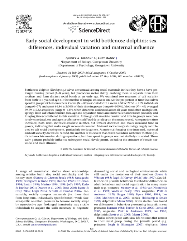 (PDF) Early social development in wild bottlenose dolphins: sex ...