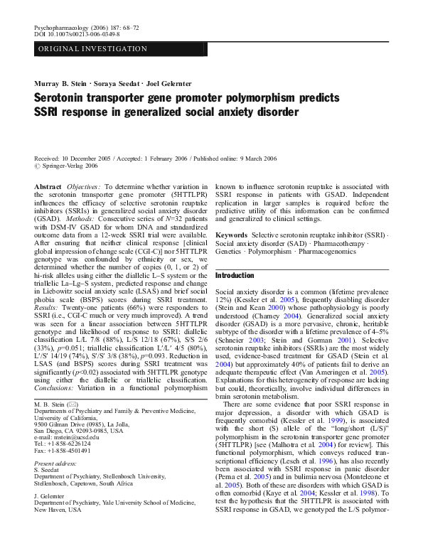 (PDF) Serotonin transporter gene promoter polymorphism (5-HTTLPR) and ...