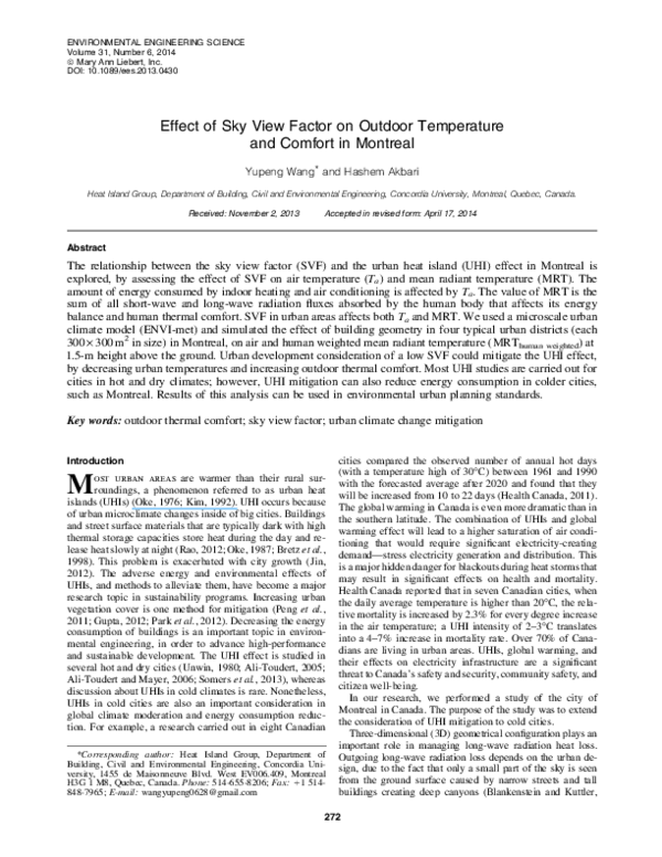 (PDF) Effect of Sky View Factor on Outdoor Temperature and Comfort in ...