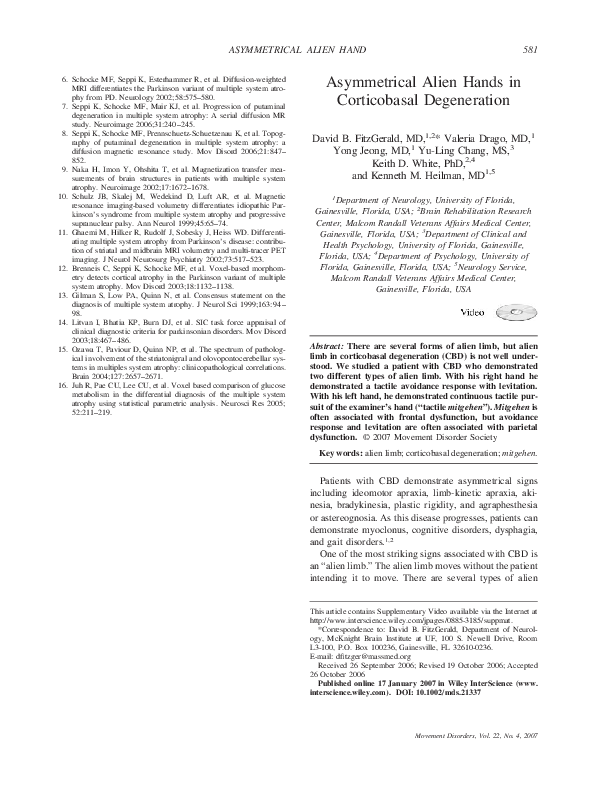 (PDF) Asymmetrical alien hands in corticobasal degeneration David