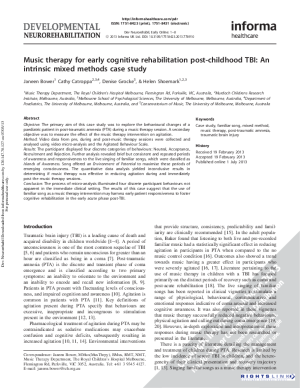 (PDF) Music therapy for early cognitive rehabilitation postchildhood