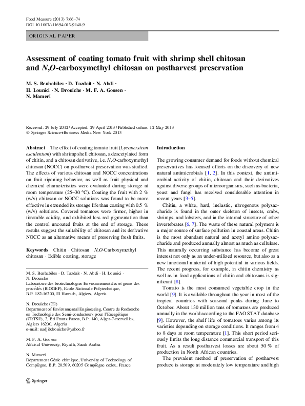 (PDF) Assessment of coating tomato fruit with shrimp shell chitosan and