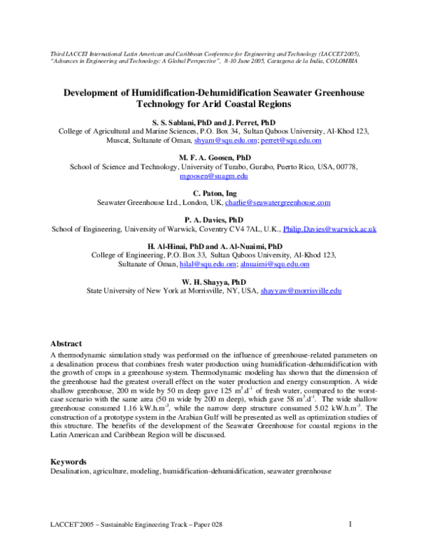 (PDF) Development of HumidificationDehumidification Seawater