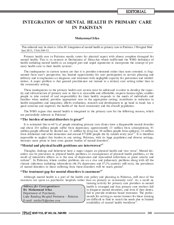 (PDF) Integration of mental health in primary care in Pakistan