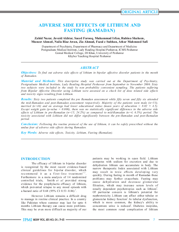 (PDF) Adverse side effects of Lithium and fasting (Ramadan) Muhammad